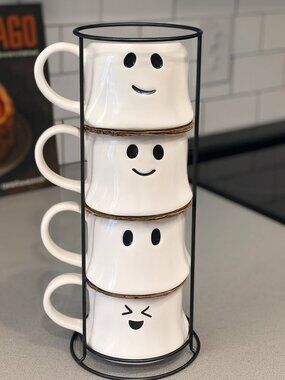 NEW Ceramic Ghost Mugs Mug Set of 4 Stacking Stackable White Stoneware Can hold